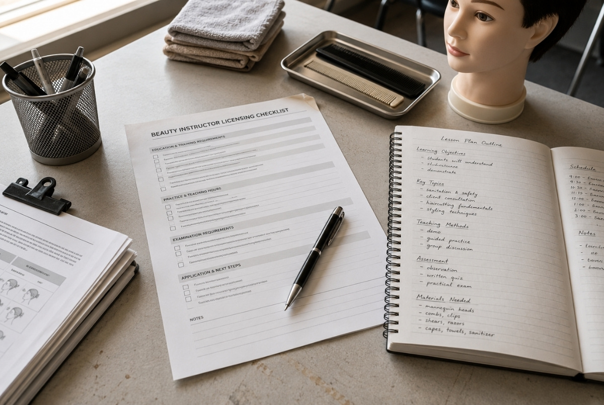 Beauty instructor licensing checklist, lesson planning notebook, mannequin head, and cosmetology tools on a classroom table.