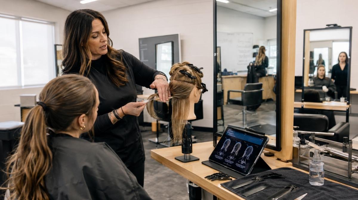 Beauty instructor demonstrating a hairstyling technique with a mannequin head, student, tablet, and salon classroom tools.