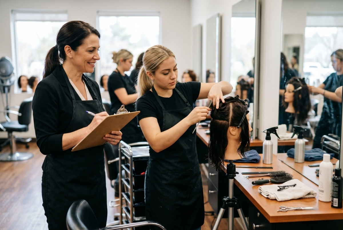 An experienced beauty educator with a clipboard monitors a student practicing haircutting on a mannequin at a salon station.