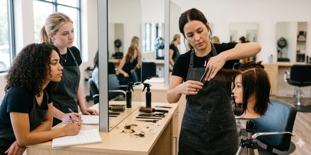 A licensed beauty educator teaching haircutting techniques to cosmetology students in a bright training salon.