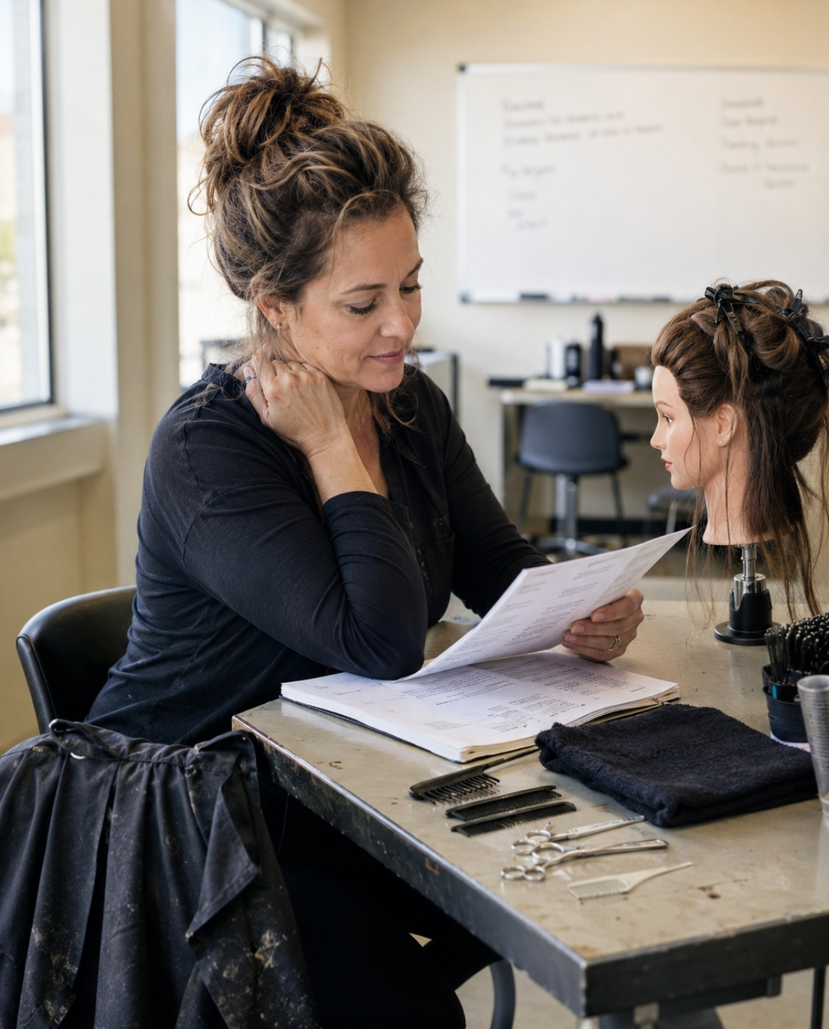 Experienced stylist reading teaching notes beside a mannequin head and cosmetology tools in a training classroom.