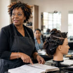 Beauty instructor teaching in a cosmetology classroom beside a sectioned mannequin head, lesson notebook, combs, clips, and students during a professional beauty education session.