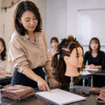 Experienced beauty instructor teaching a cosmetology class with a mannequin head, lesson plan notebook, styling tools, and adult students in a modern academy classroom.