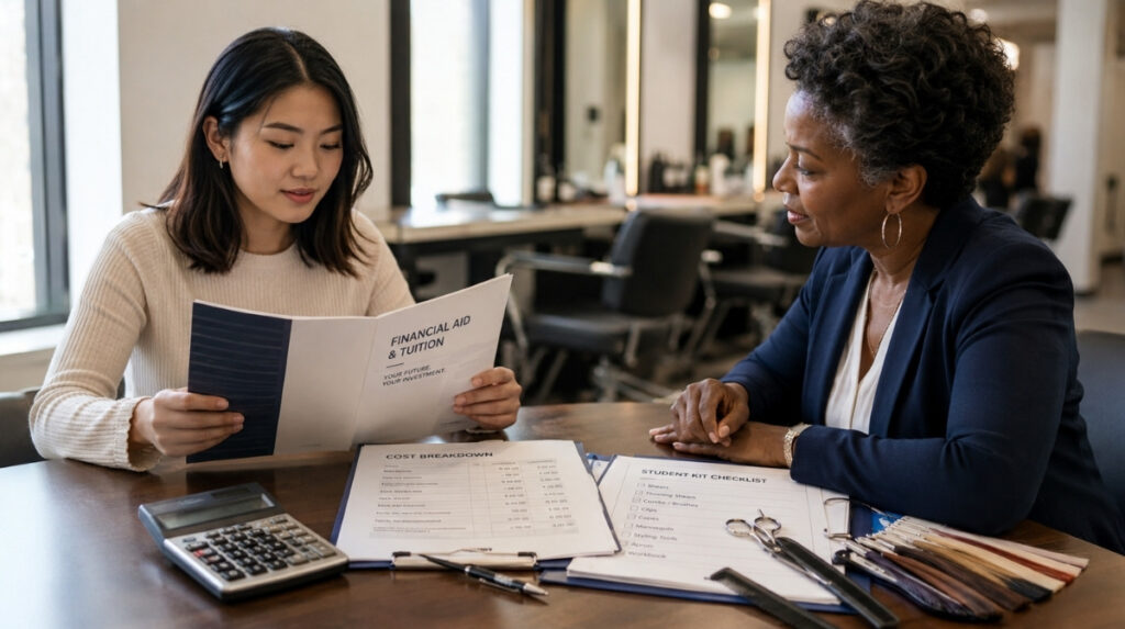 Prospective cosmetology student reviewing a financial aid and tuition packet with an advisor at a beauty school desk, with cost documents, calculator, shears, combs, and salon training stations in the background.