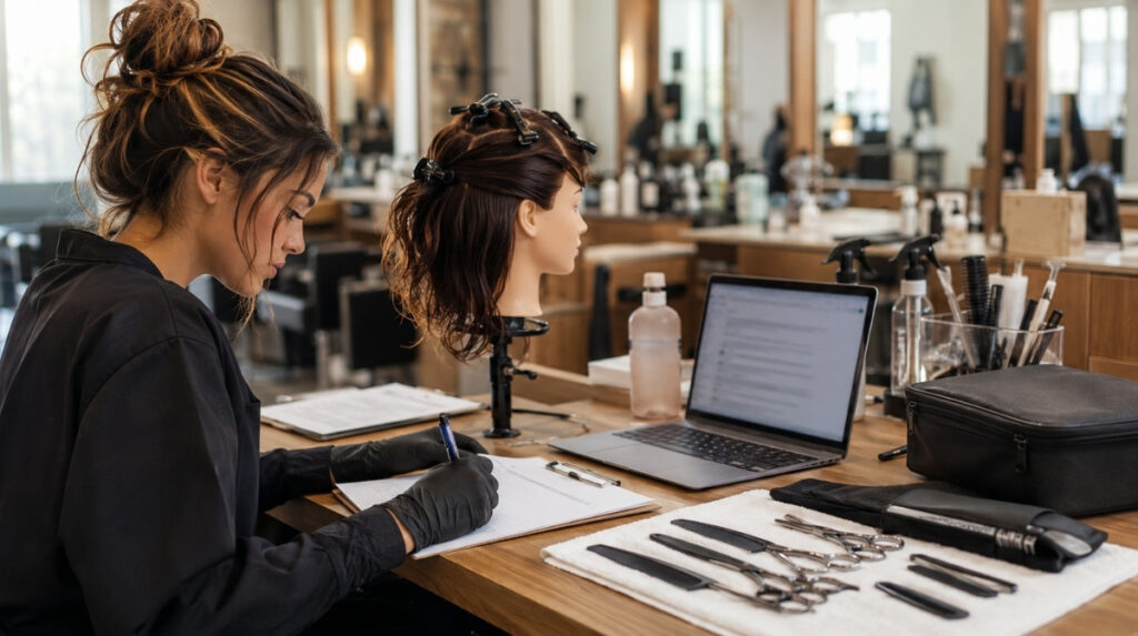 Cosmetology student studying at a salon training station with a mannequin head, laptop, exam checklist, practical kit, combs, shears, gloves, and sanitized tools.