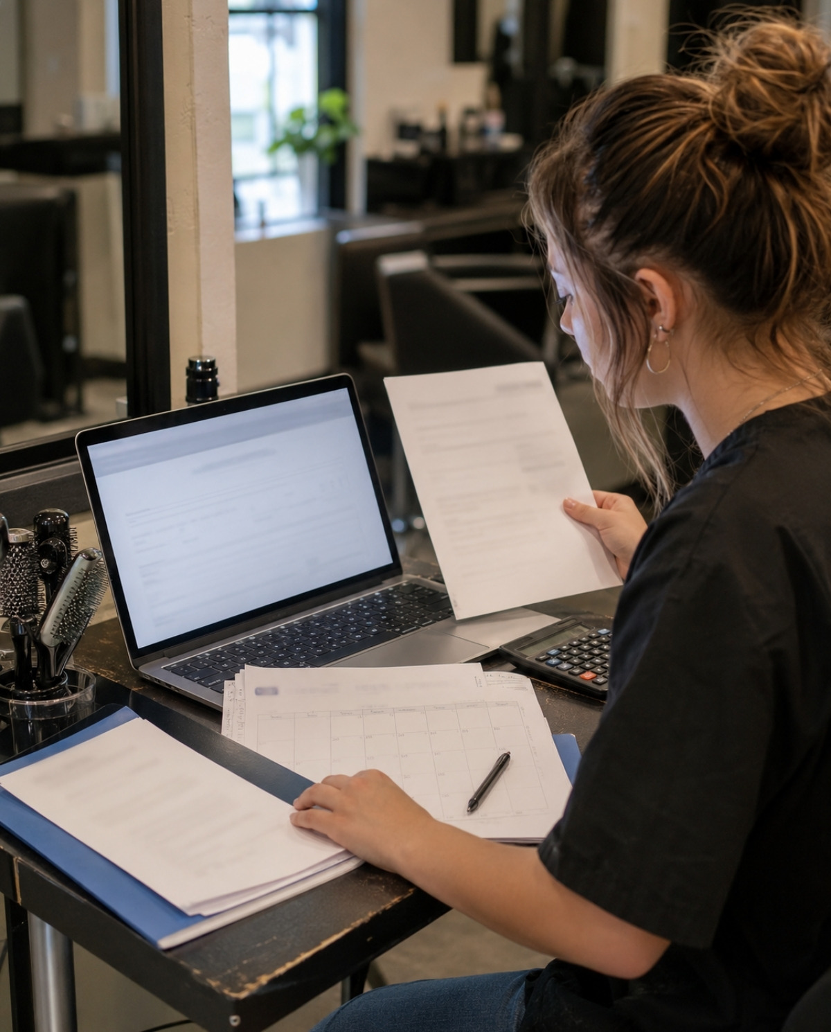 Cosmetology student checking an online exam scheduling page on a laptop while reviewing blank eligibility paperwork, calendar, calculator, and state board documents.