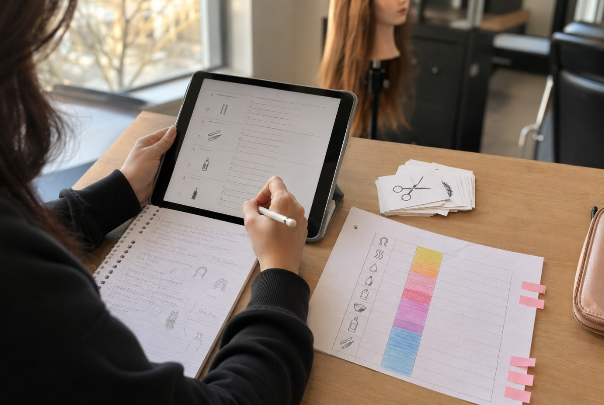 Cosmetology student studying written exam practice questions on a tablet with flashcards, notes, a weak topic review sheet, and a mannequin head in the background.