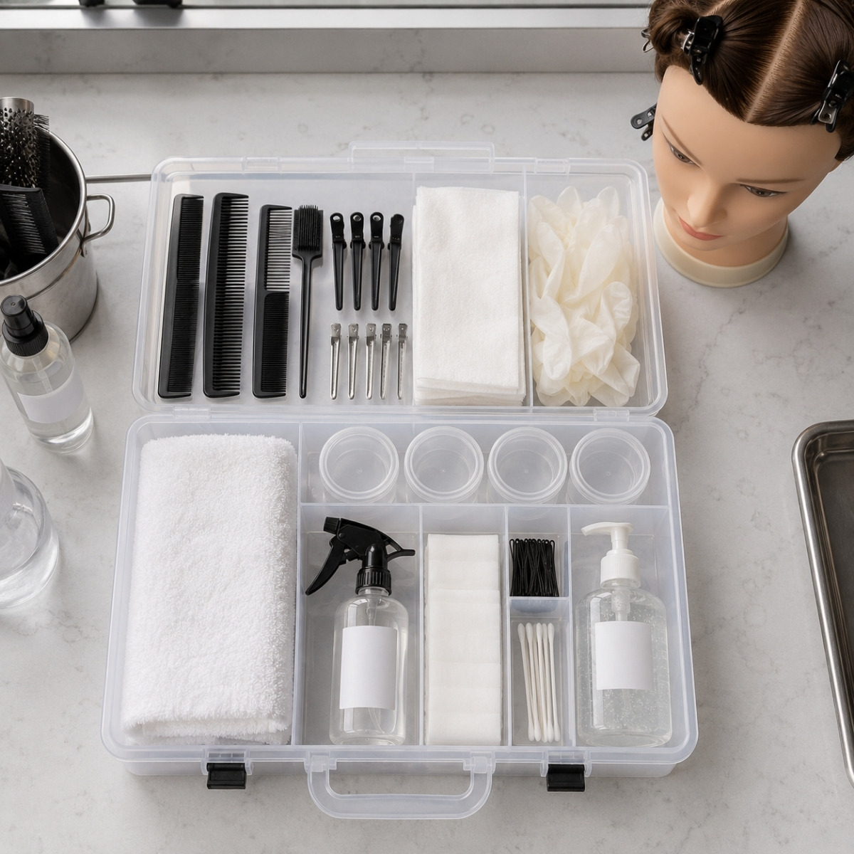 Open practical cosmetology exam kit with neatly arranged combs, clips, gloves, towels, spray bottle, sanitizer, containers, and a sectioned mannequin head.