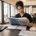 Cosmetology student reviews blank state licensing folders, hour tracking sheets, salon tools, mannequin heads, and a U.S. map inside a modern salon classroom.