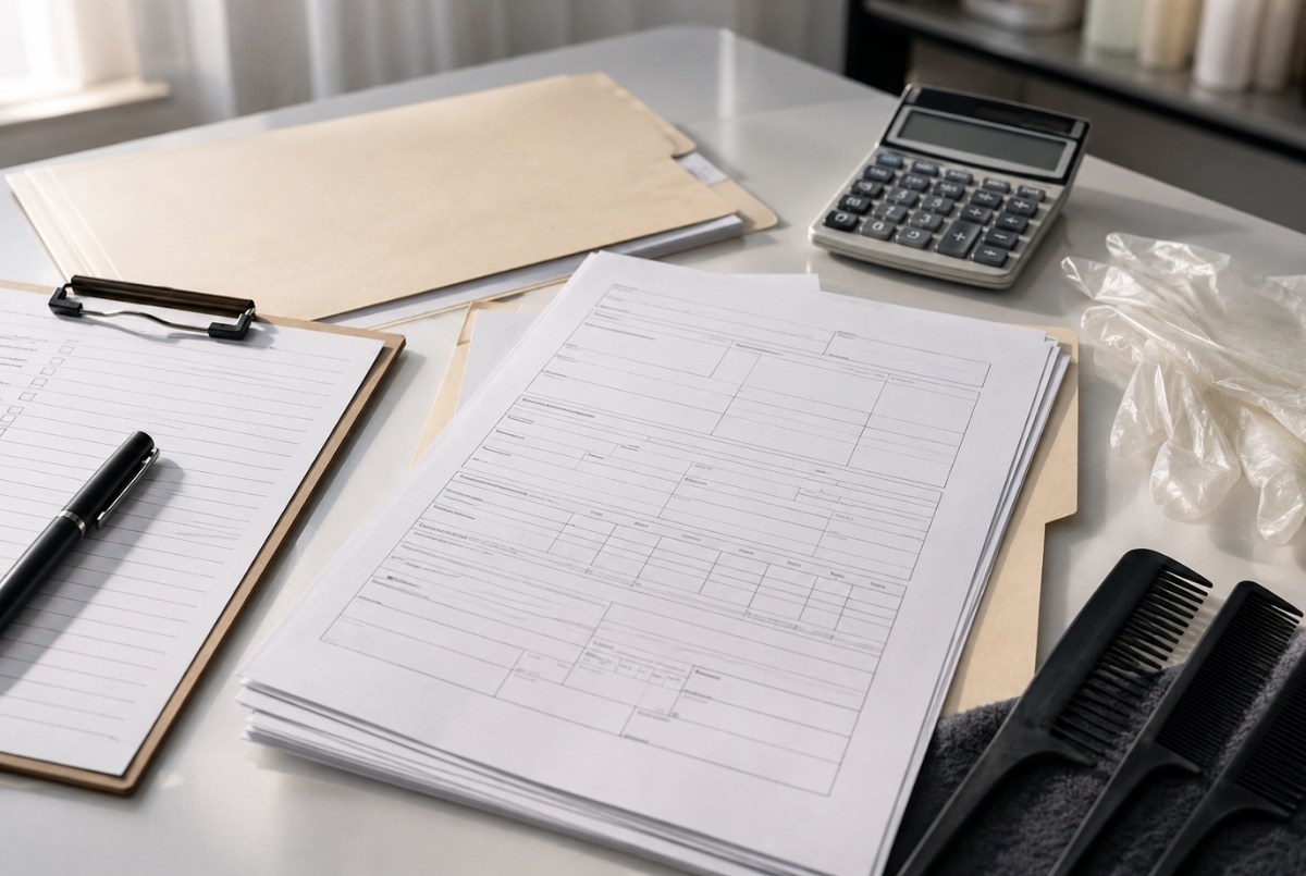 This detailed tabletop image connects salon paperwork with regulated daily operations. The blank forms, lease folder, sanitation gloves, and clean combs visually support a section about permits, compliance, and the administrative steps needed before opening.