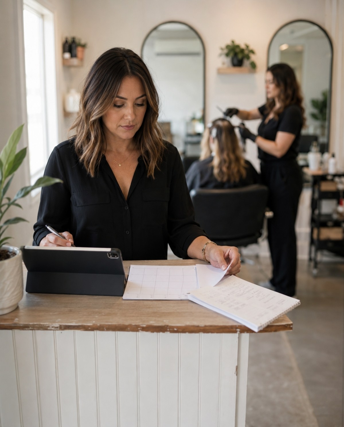 Salon owner reviewing a blank schedule and appointment tablet at the reception desk while a licensed stylist works with a client in the softly blurred background.