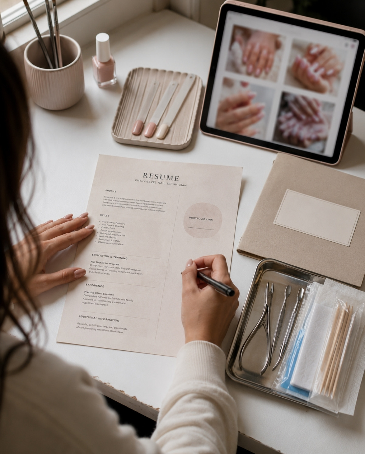 Beginner nail technician reviewing an entry level resume beside a tablet portfolio, polish swatches, license folder, and sanitized manicure tools.