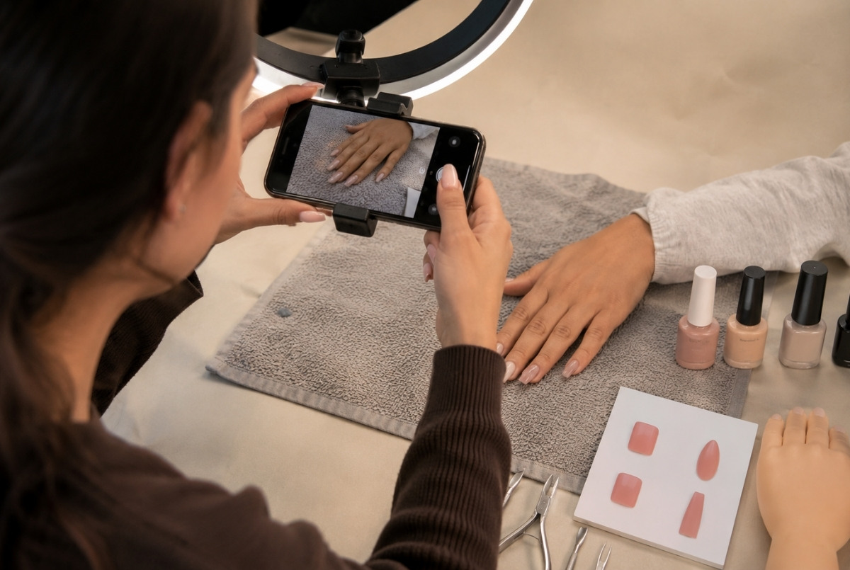 Beginner nail technician using a mounted phone and ring light to photograph a clean manicure for a first professional nail portfolio.