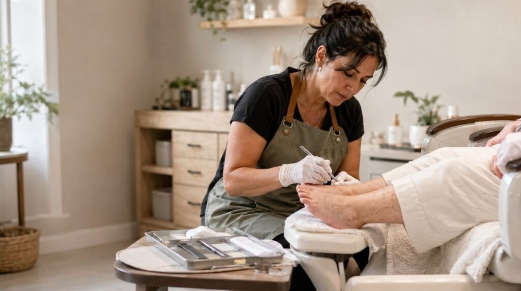 Licensed nail technician wearing clean gloves provides a careful waterless pedicure to an older woman in a private, sanitary nail studio.
