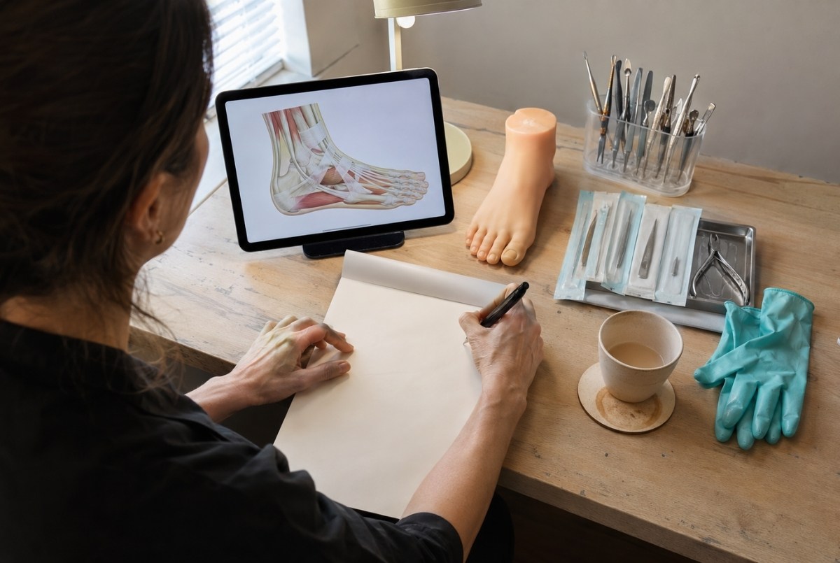 Adult nail professional studies foot anatomy and infection control beside a practice foot, gloves, disposable files, and sanitized nail tools.