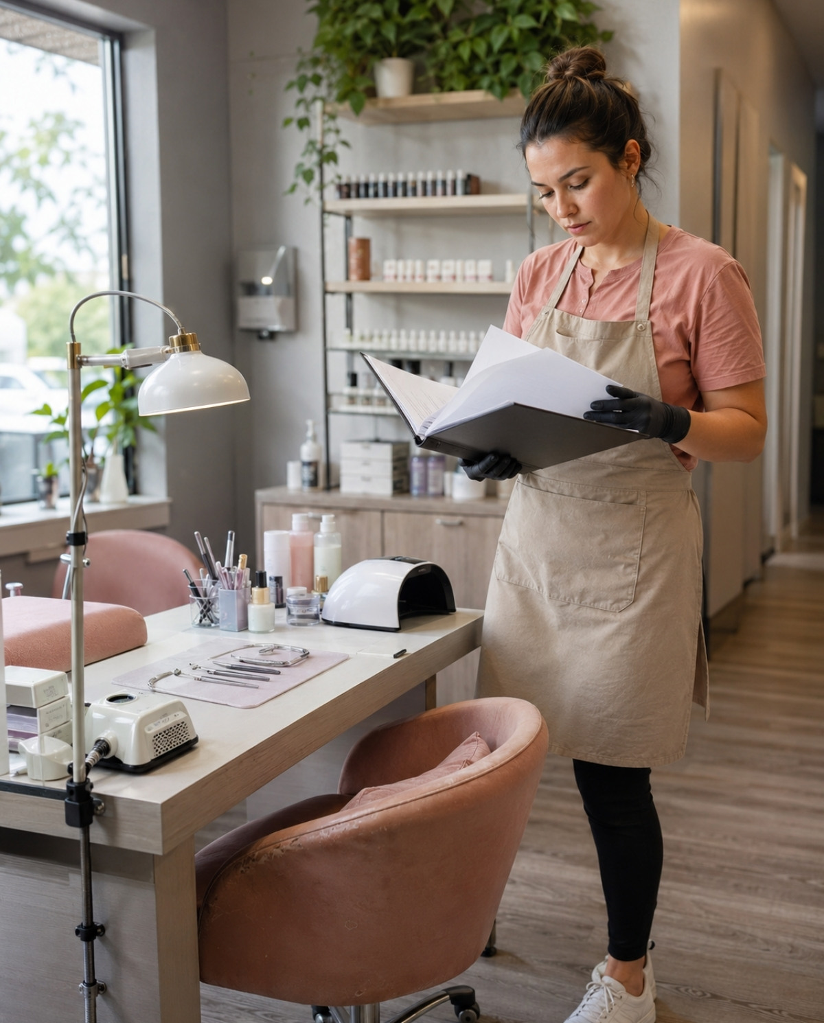 Nail technician comparing insurance policy documents beside a manicure table equipped with disinfected tools, gloves, an e-file, a curing lamp, secured electrical cords, and a clear client walkway.