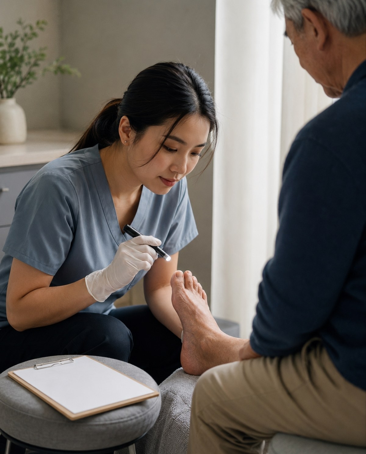 Nail technician uses a small penlight to visually screen an older man’s healthy feet before beginning a cosmetic nail service.