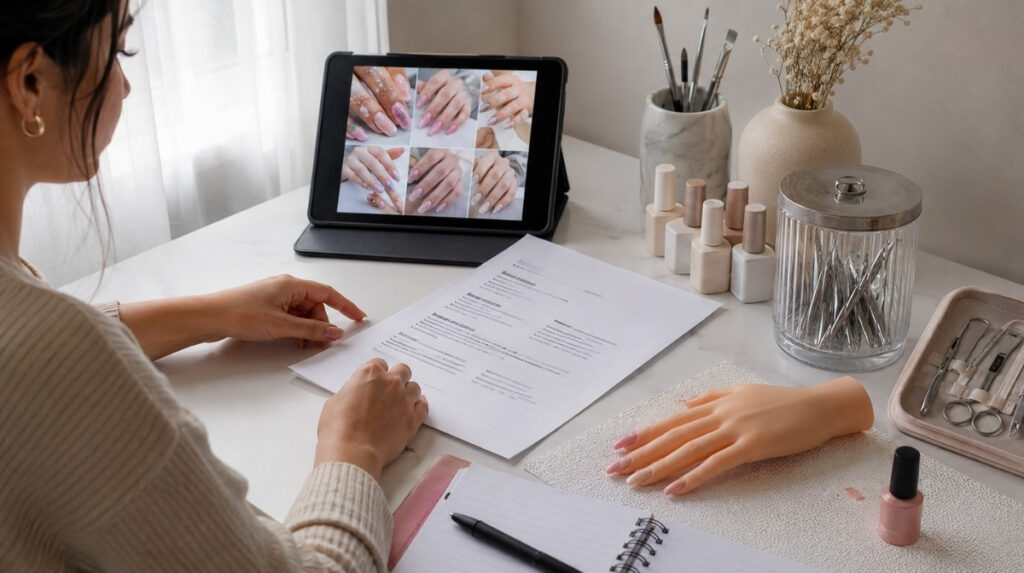 Newly licensed nail technician arranging a resume, manicure portfolio, practice hand, and sanitized tools while preparing for a first salon job application.