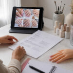 Newly licensed nail technician arranging a resume, manicure portfolio, practice hand, and sanitized tools while preparing for a first salon job application.