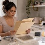 Self-employed nail technician reviewing three business folders for insurance, taxes, and licensing at an actively used manicure station with a curing lamp, e-file, dust collector, calculator, receipts, and payment terminal.