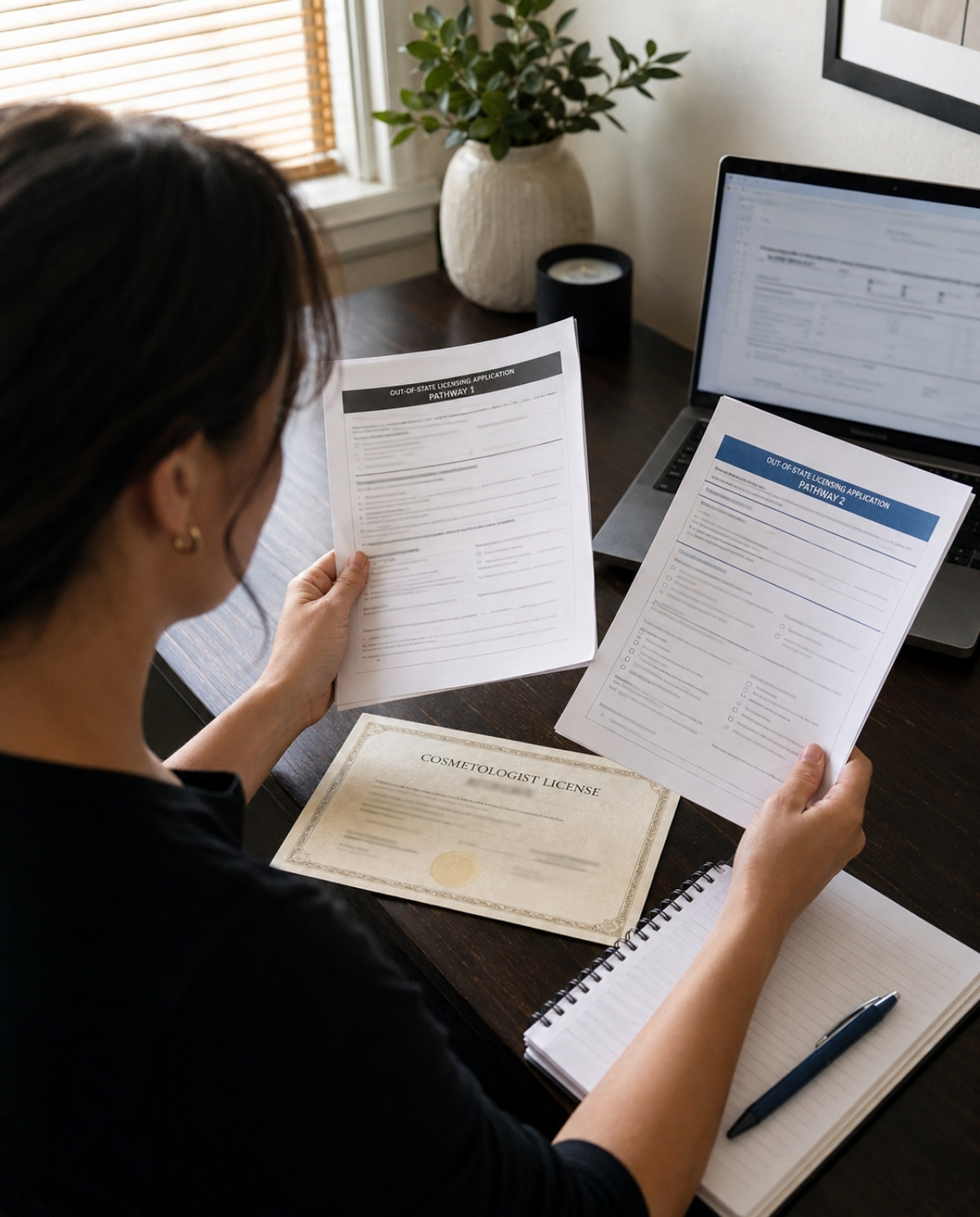Cosmetologist comparing two out of state licensing application packets at a home desk with her current license, notebook, and laptop