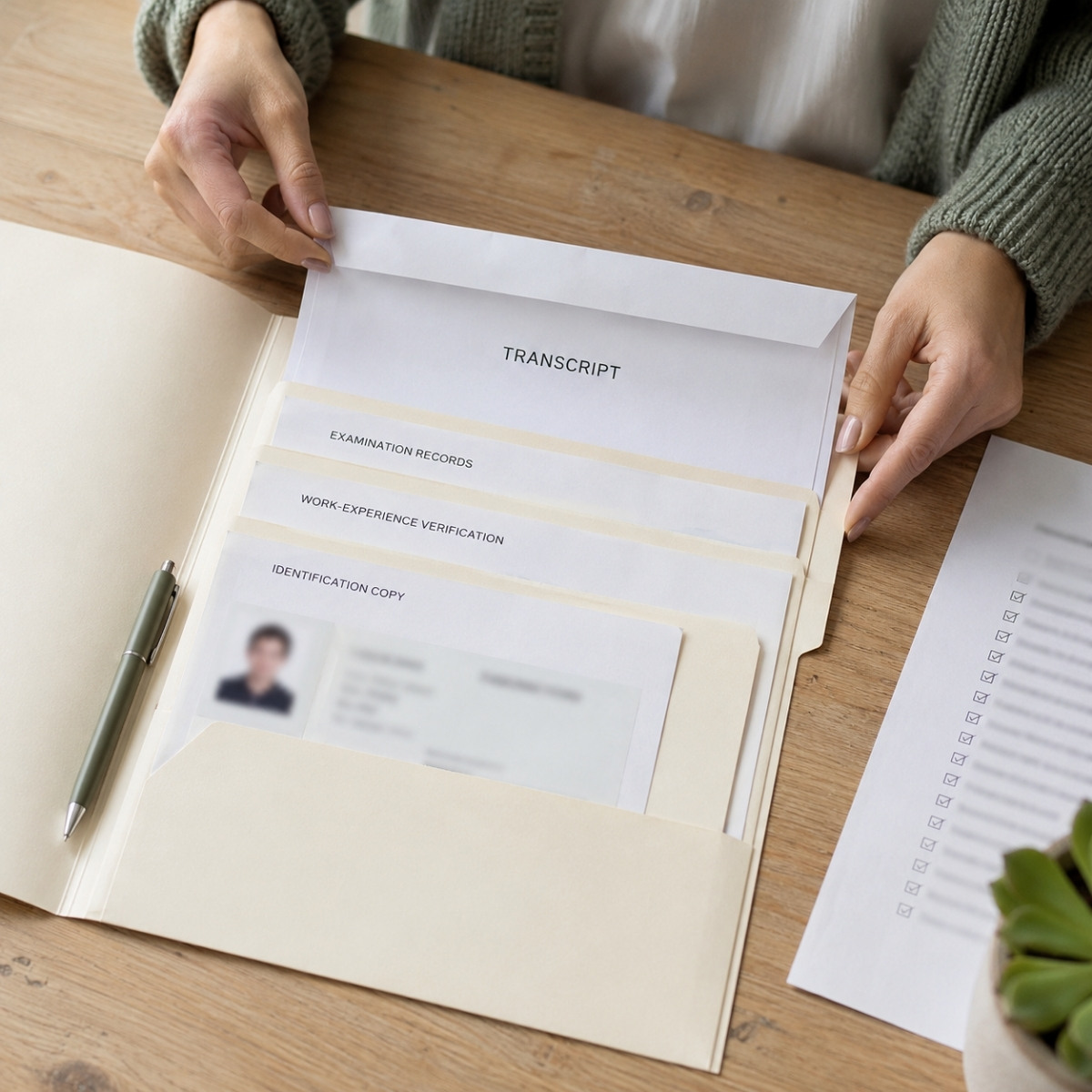 Hands organizing a sealed transcript, examination records, work experience verification, identification copy, and license transfer checklist inside a folder