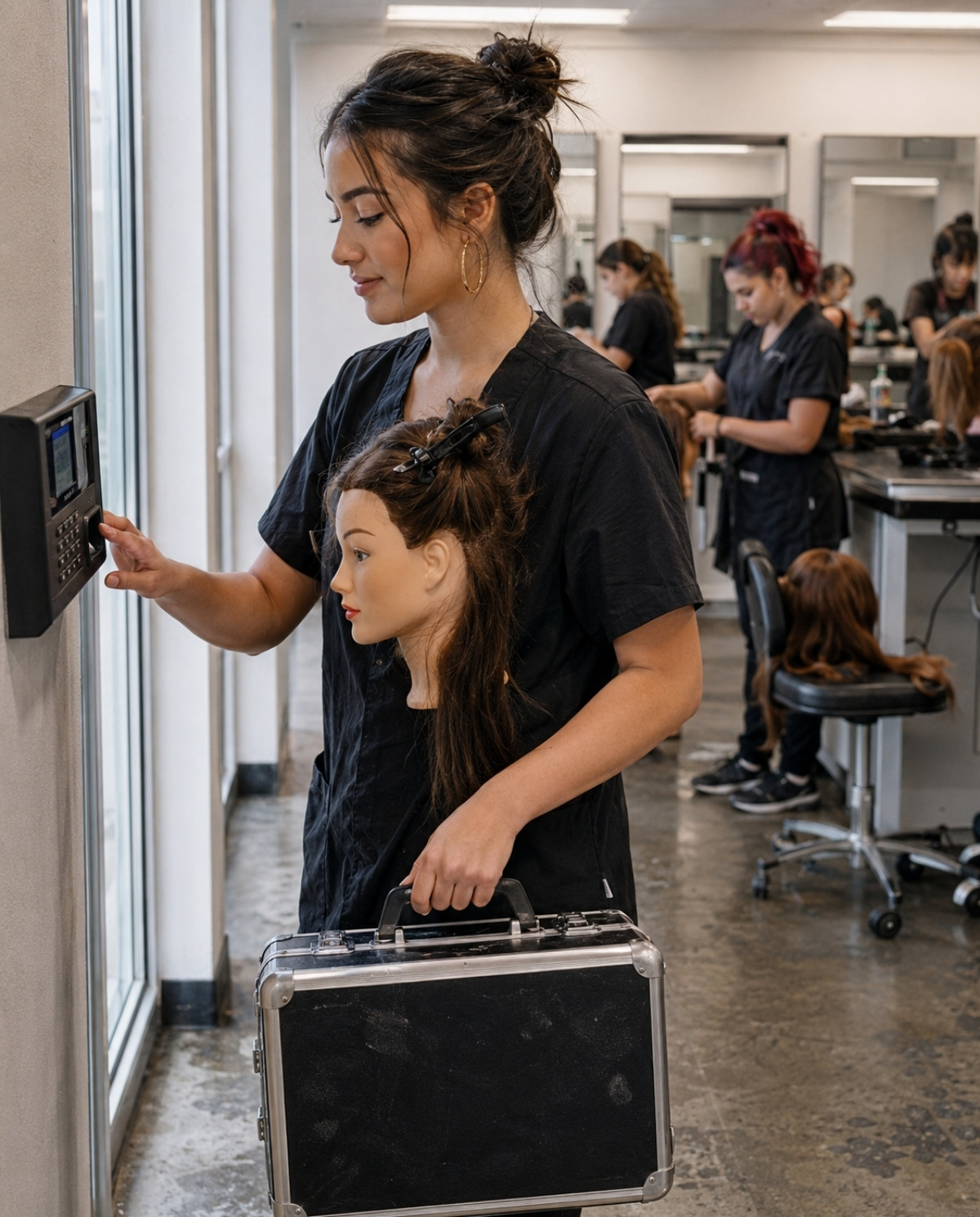 Cosmetology student checks in with a timekeeping device while carrying a mannequin head and professional styling kit.