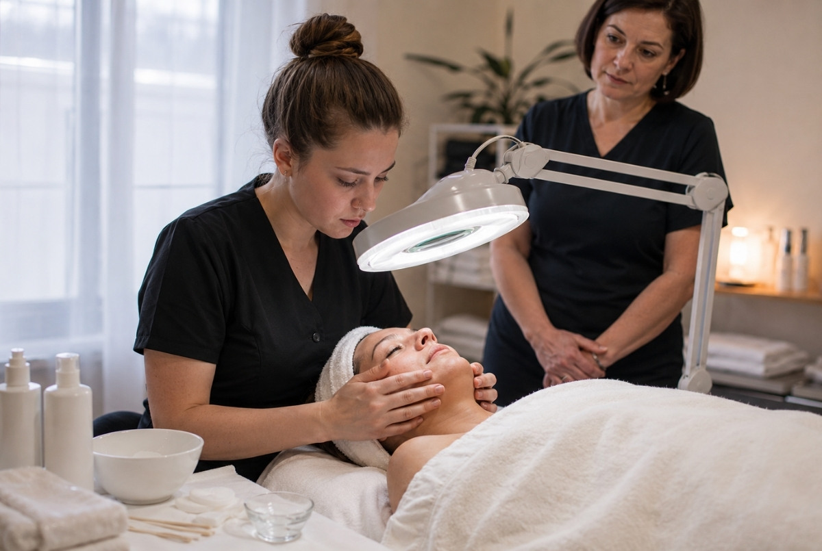 Cosmetology student examining an adult client’s skin under a magnifying lamp while an instructor observes a supervised basic facial training session.