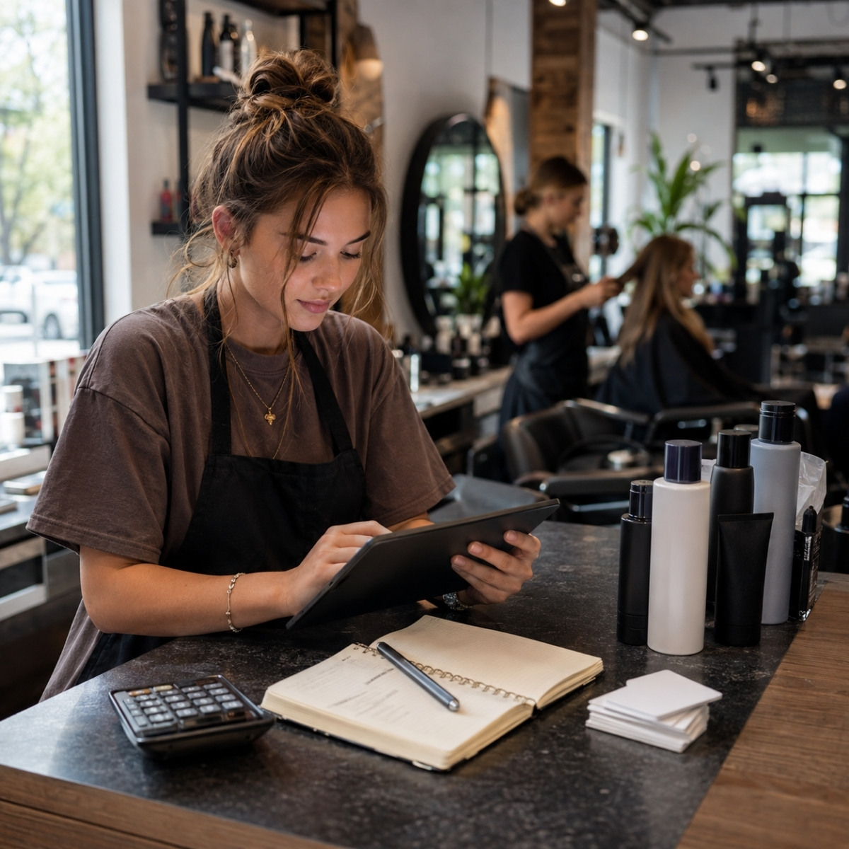Cosmetology student using a tablet at a salon reception counter with a calculator, appointment notebook, client cards, and retail products nearby.