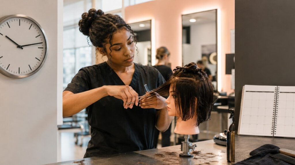 Cosmetology student cutting a mannequin’s hair at a training station with an analog clock and open monthly planner nearby.