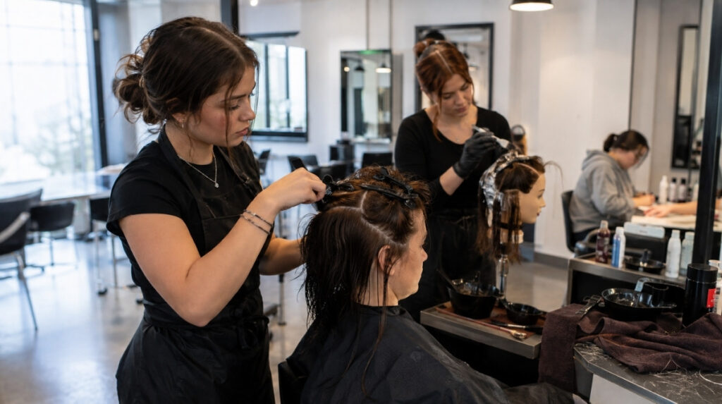 Cosmetology student carefully sectioning a client’s hair during hands-on training while other students practice hair coloring and nail services in the background.
