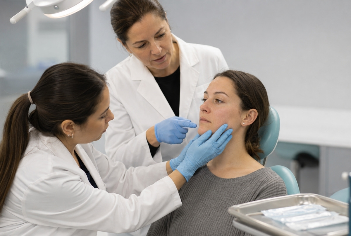 Dentist assessing an adult patient’s lower face while an experienced clinical instructor supervises the consultation.