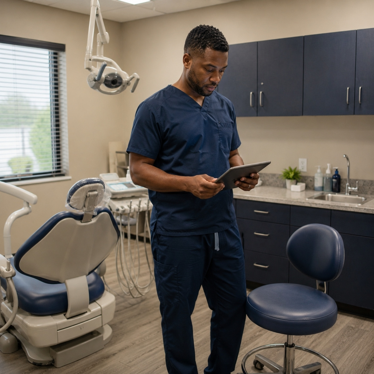 Dentist reviewing an appointment schedule and expense worksheet on a tablet in a treatment room with dental and consultation areas.