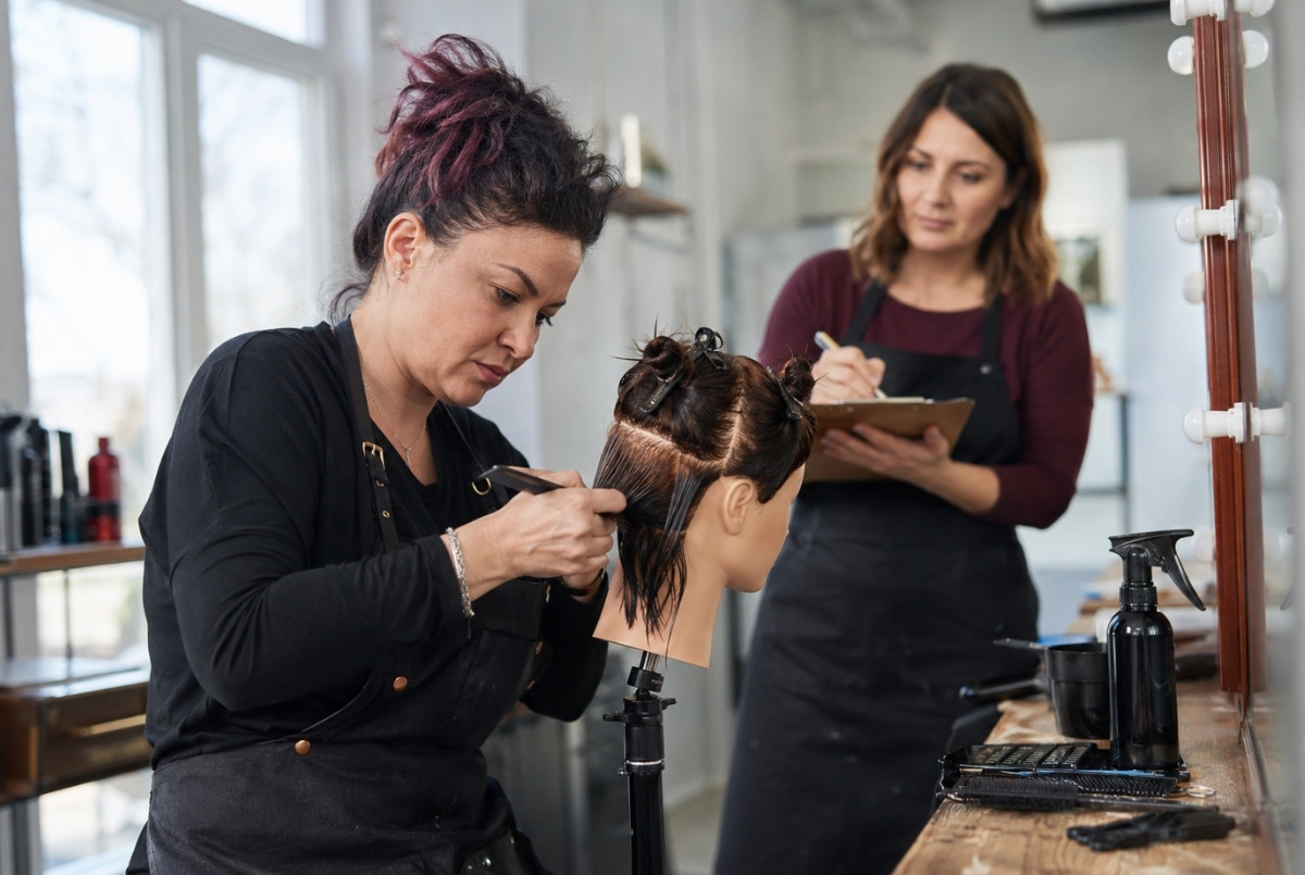 Experienced cosmetologist practicing precision hair sectioning on a mannequin while an instructor records supplemental training hours