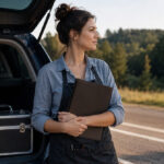 Licensed cosmetologist holding a license folder beside an open car trunk containing a moving box and professional hairstyling tools near a state boundary
