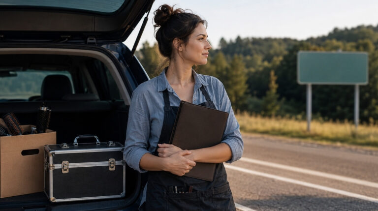 Licensed cosmetologist holding a license folder beside an open car trunk containing a moving box and professional hairstyling tools near a state boundary
