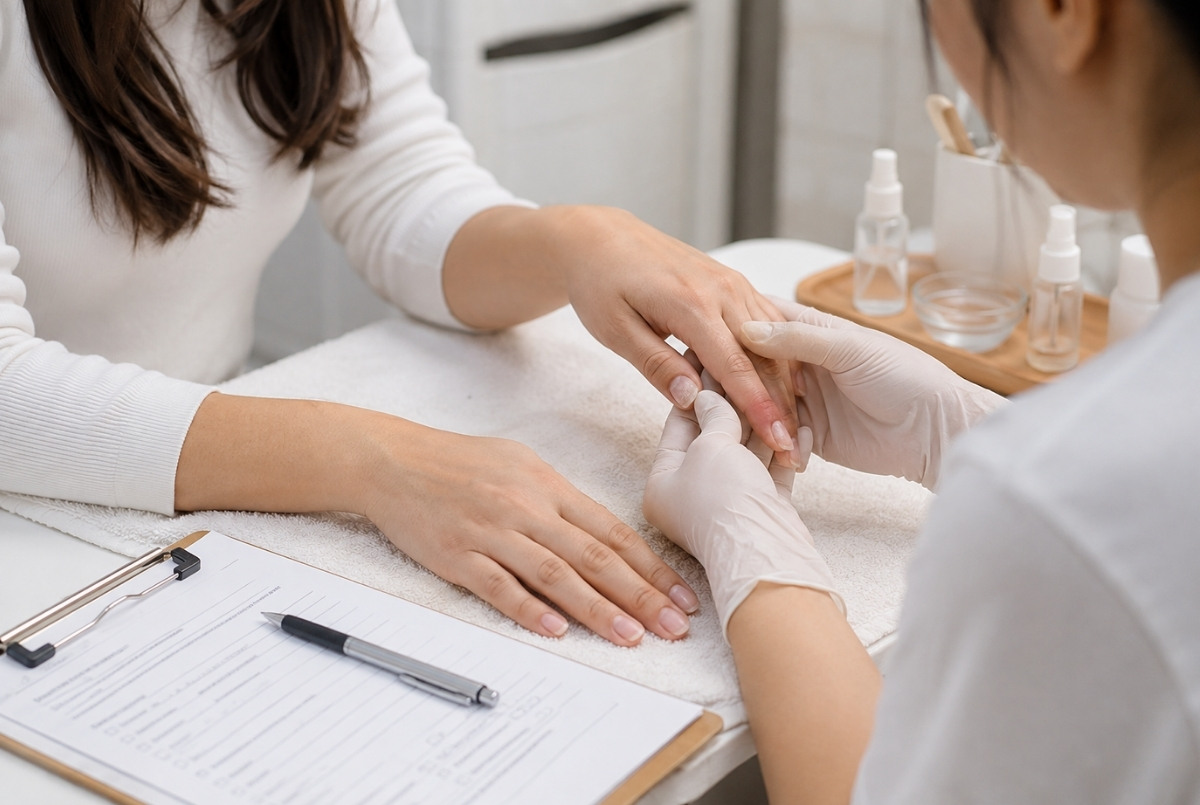 Nail technician carefully inspecting a client’s natural nails beside an intake form before choosing or beginning a manicure service.