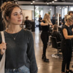 Prospective cosmetology student thoughtfully observing student stylists performing hair services in a busy hands-on beauty training environment.