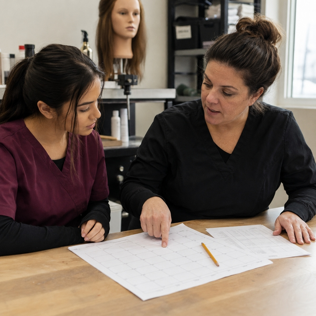Cosmetology instructor helps a concerned student review an attendance calendar and progress record after missed training hours.