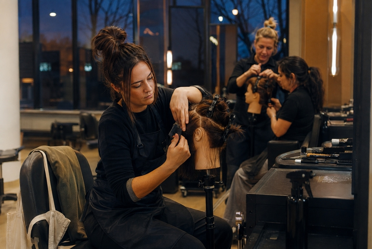 Adult cosmetology student practices hair sectioning on a mannequin during a part-time evening class after work.