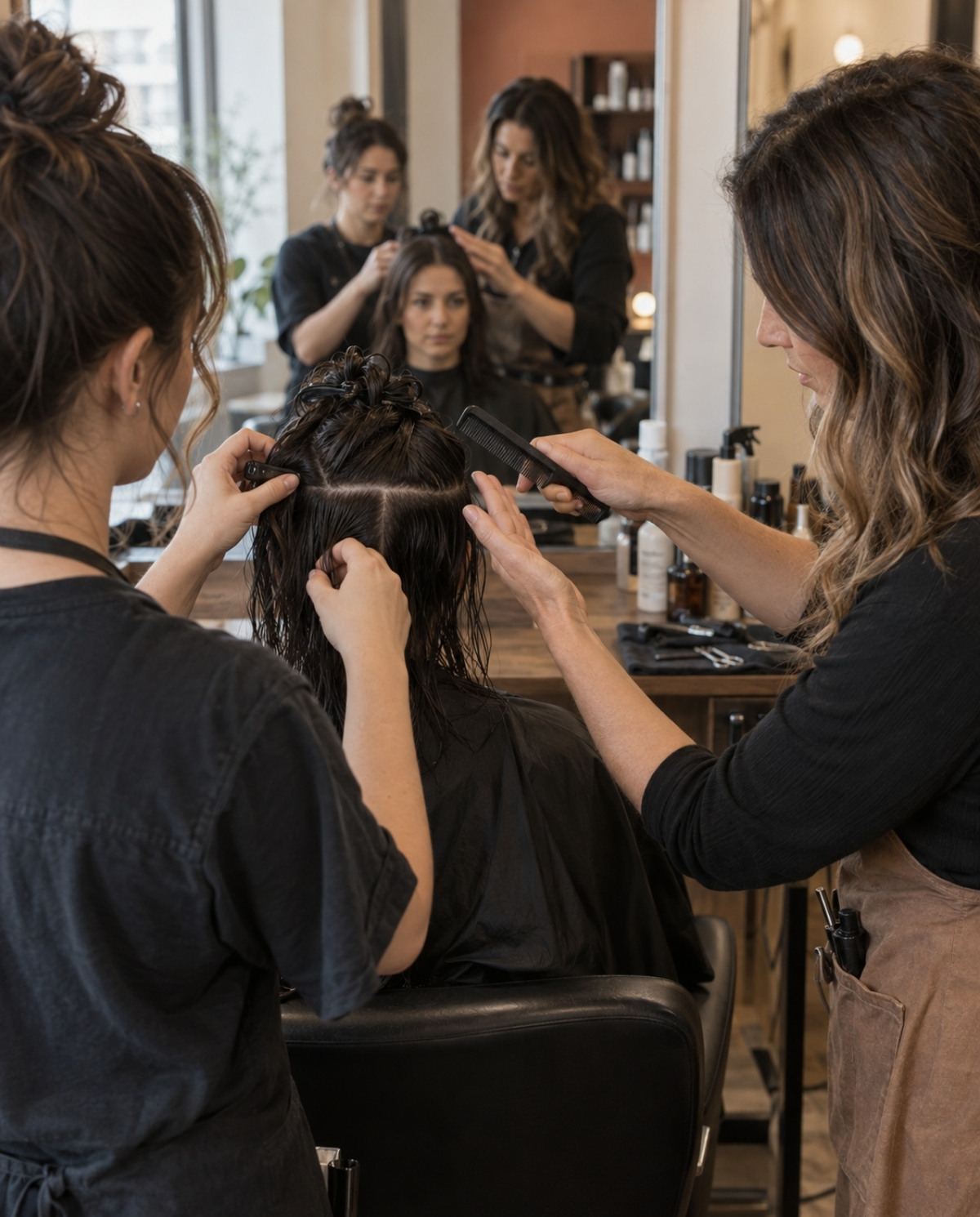 Salon apprentice sectioning a client’s damp hair while an experienced cosmetologist demonstrates proper comb placement and professional technique.
