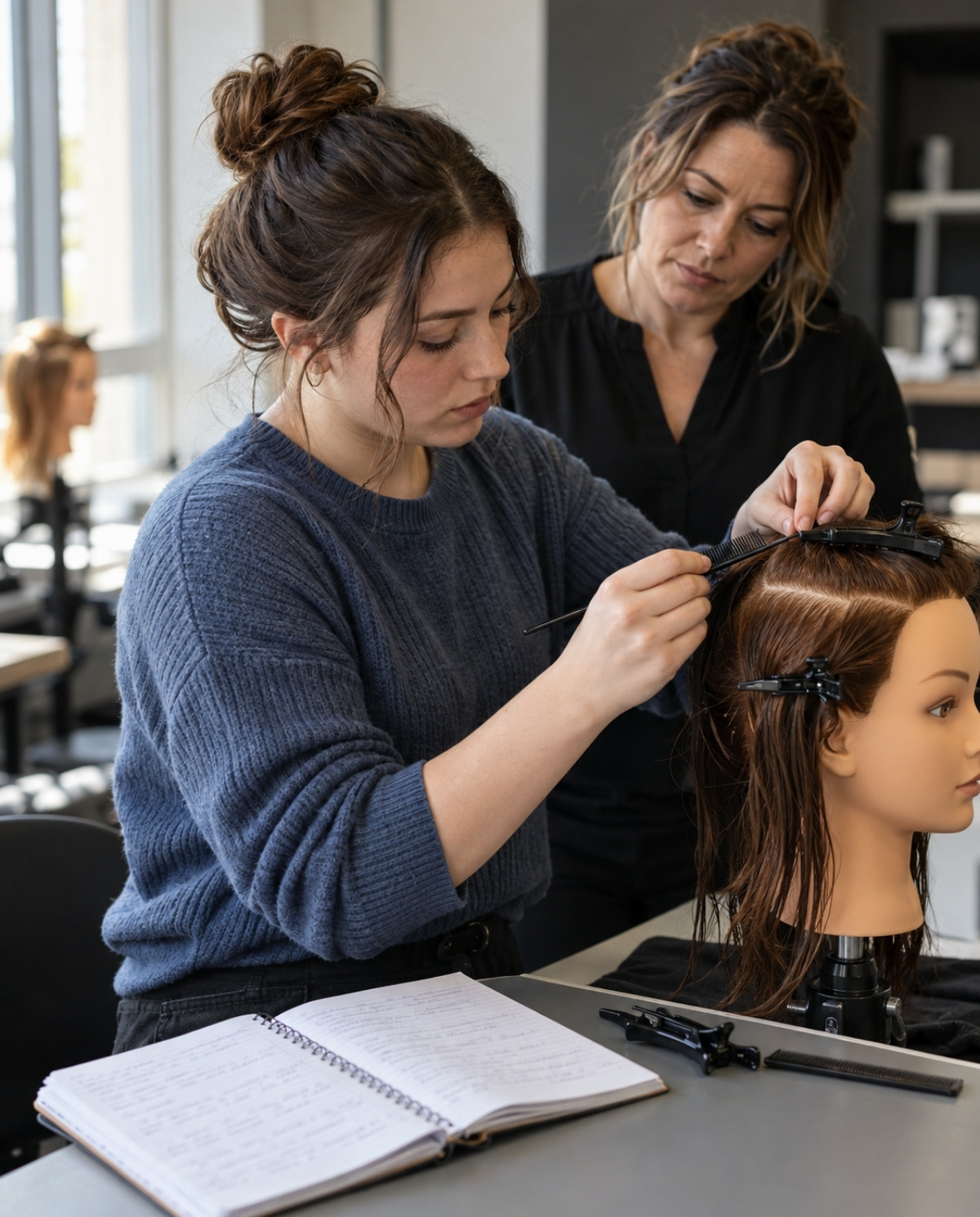 Instructor trainee prepares a mannequin hair-sectioning demonstration beside an open lesson notebook while a supervising educator reviews her technique.