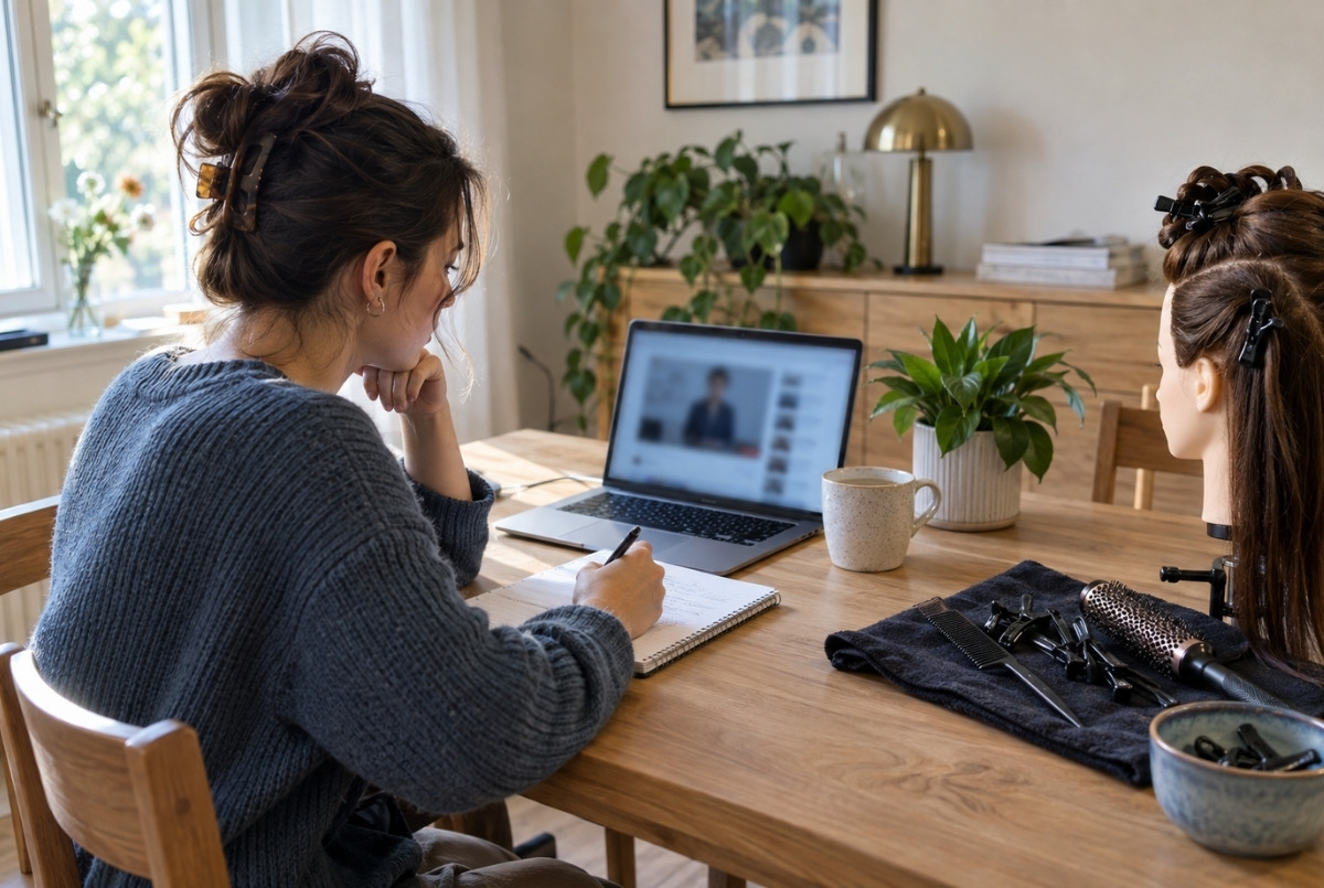 Adult learner studying cosmetology theory online beside a mannequin head, combs and sectioning clips used for practical skills development.