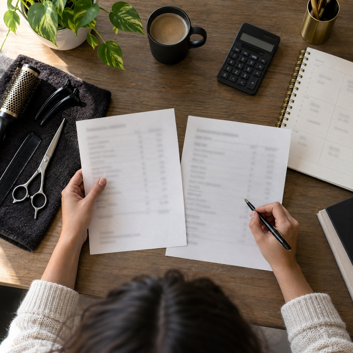 Prospective cosmetology student comparing training expenses beside a calculator, planner and essential professional hairstyling tools.