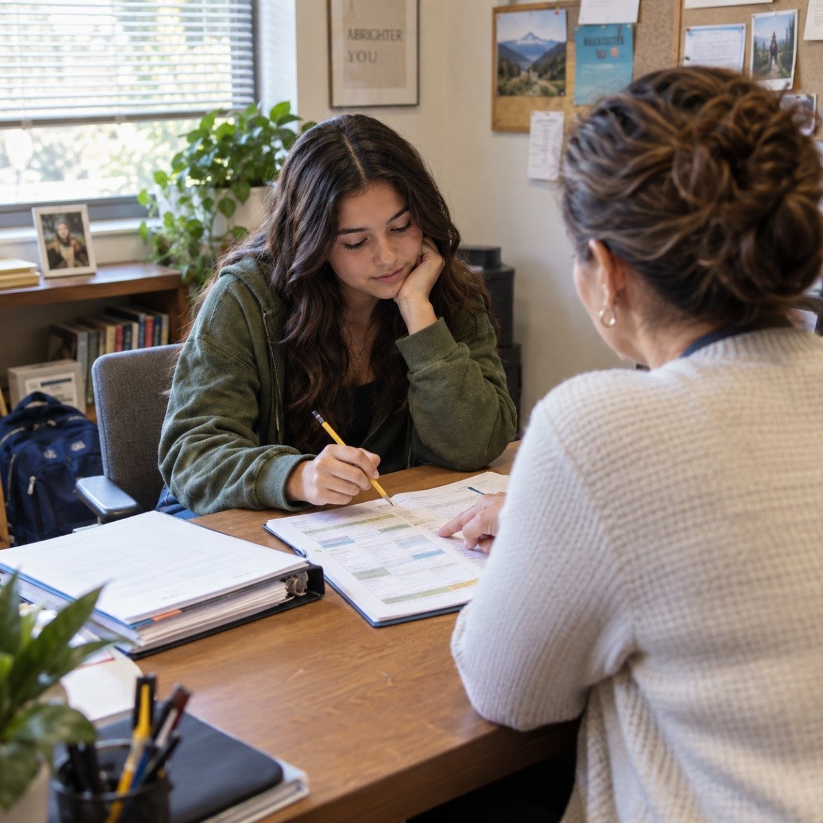 High school student and guidance counselor reviewing a weekly course planner while discussing academic and cosmetology training options.