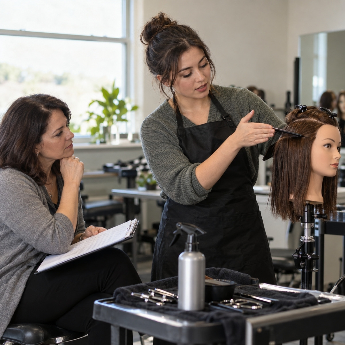 Prospective cosmetology instructor explains comb placement on a mounted mannequin while a seated mentor observes with a feedback sheet.