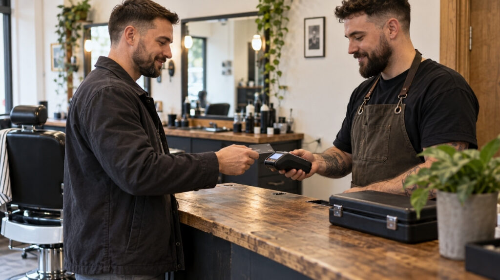 Barber holding a payment terminal as a client presents a card at a wooden counter, with an empty barber chair behind them.