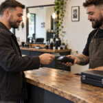Barber holding a payment terminal as a client presents a card at a wooden counter, with an empty barber chair behind them.