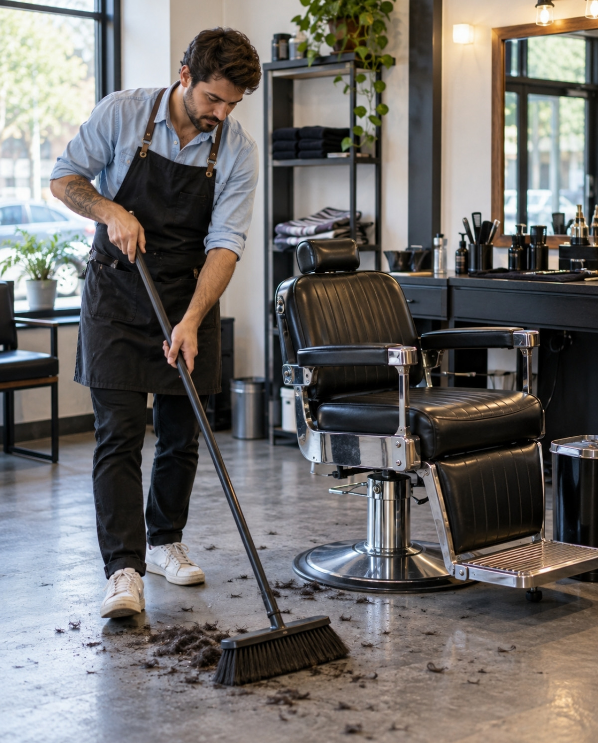 Barber in a pale blue shirt sweeping hair clippings from the floor beside an empty black barber chair.