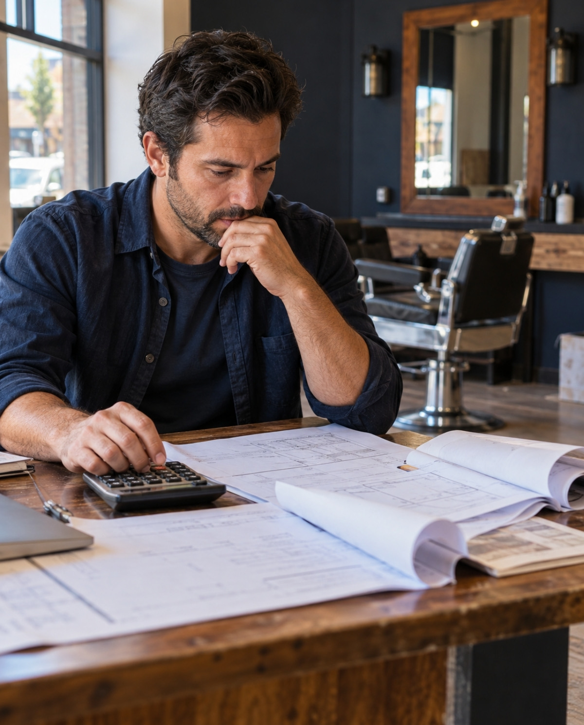 Prospective barbershop owner uses a calculator while reviewing construction plans and startup estimate sheets at a desk beside an empty barber station.